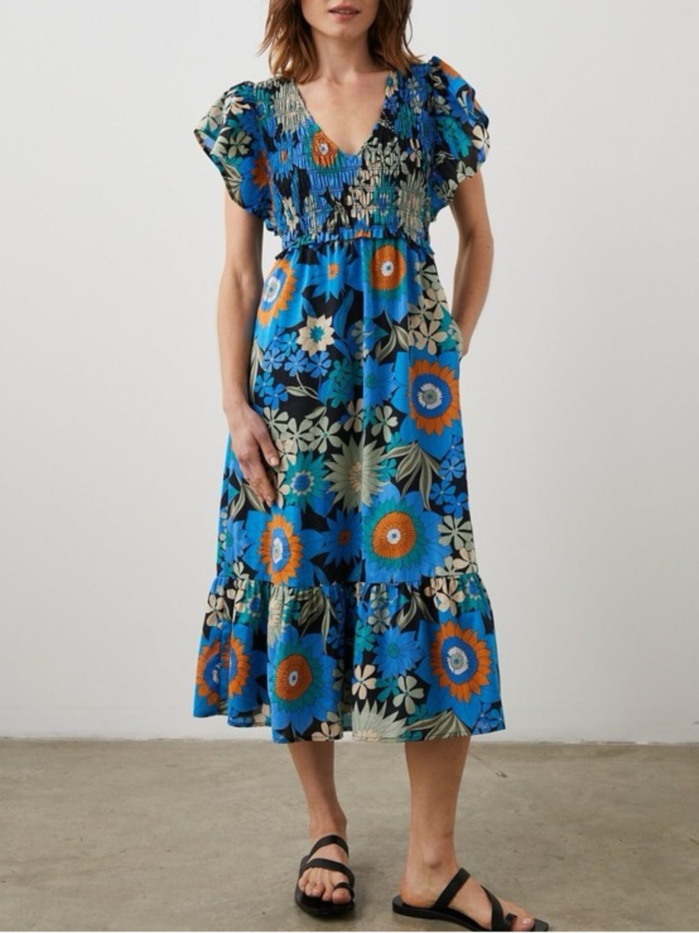 Rails 100% Cotton Clementine Midi Dress Size L Azul Wildflower Floral Blue - Picture 2 of 9